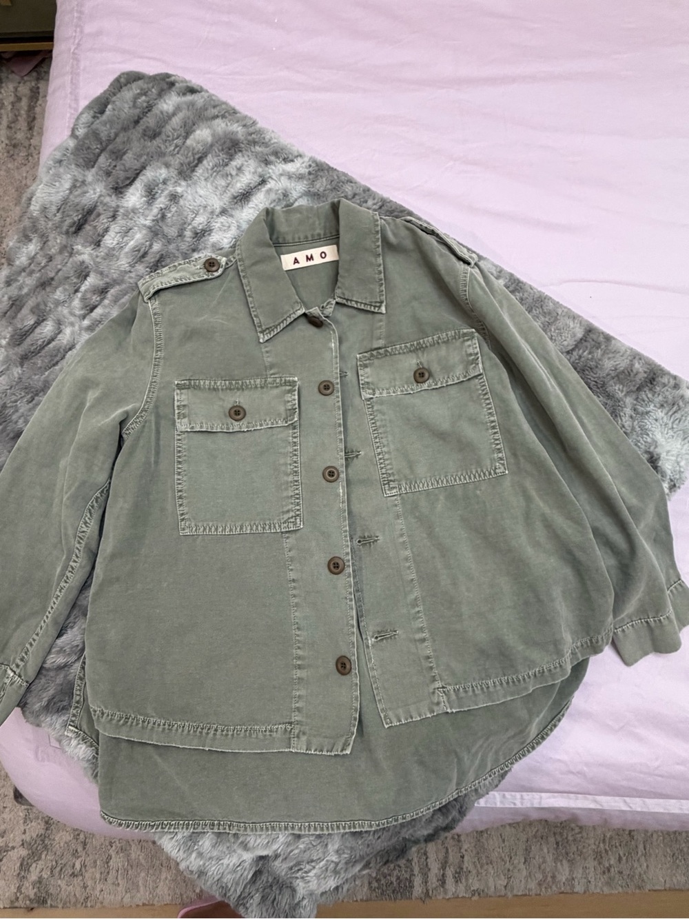 AMO women’s Olive Utility Jacket with Patch Pockets